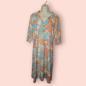 J. McLaughlin Carly Catalina Cloth Blue/Orange Koi Fish Paisley 3/4 Sleeve Dress